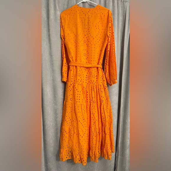 Zara Midi Cotton Eyelet Embroidered Orange  Belted Dress - Picture 3 of 5